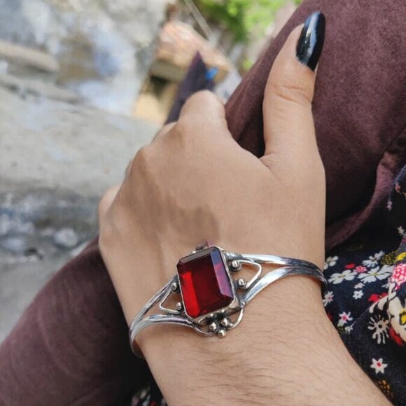 Garnet Gemstone Sterling Silver Cuff Bracelet - Picture 1 of 3